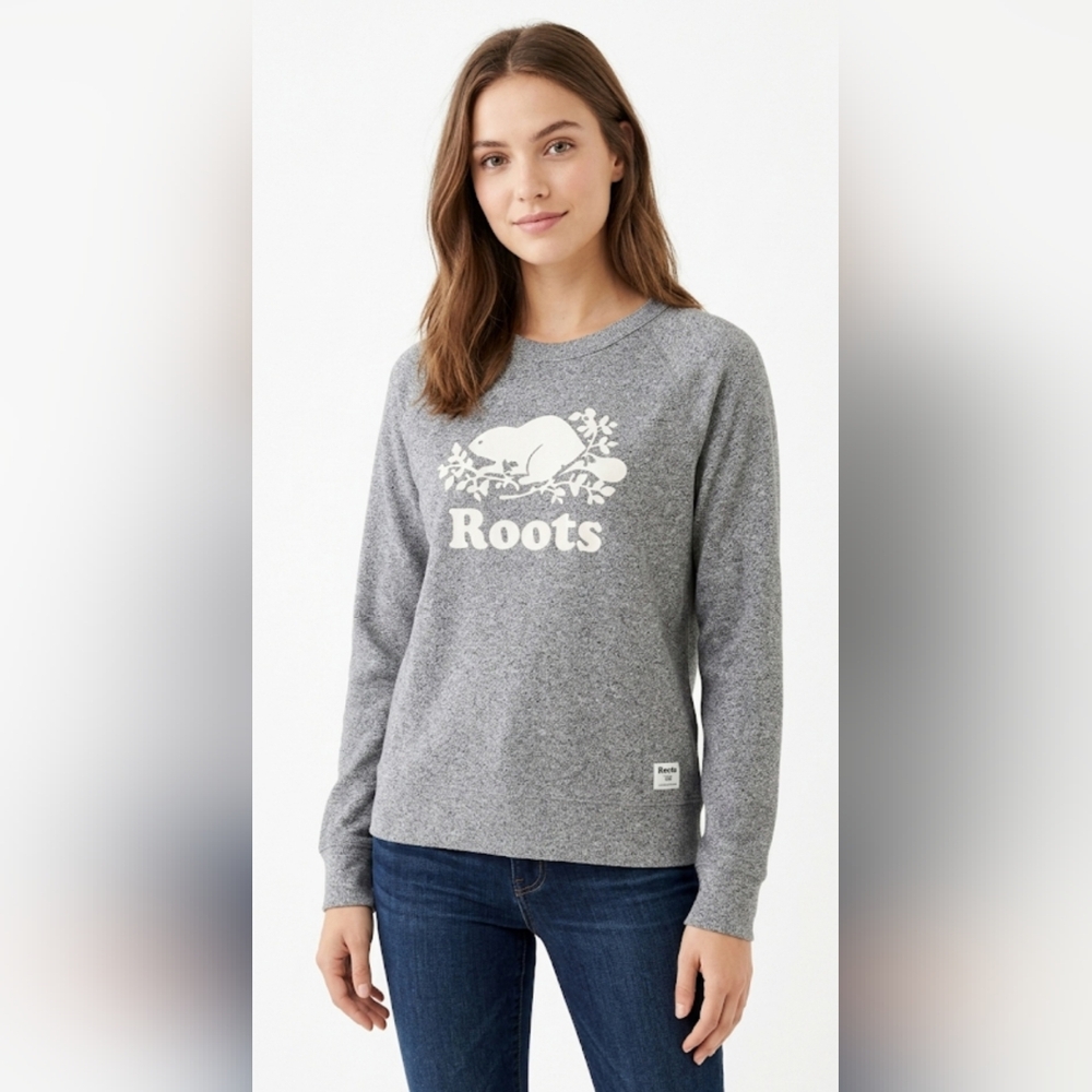 Roots Salt & Pepper Beaver Graphic Crewneck Sweater | size M